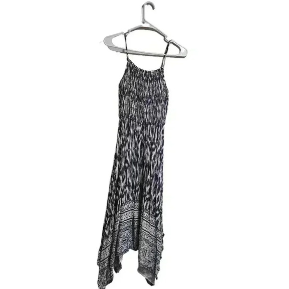 Boho Chic Blue Black and White Midi Dress with Smocked Bodice - Picture 6 of 7